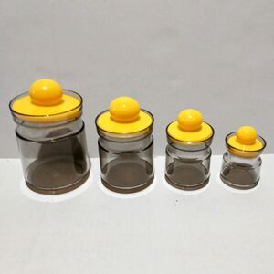 Vtg Smokey Acrylic Storage Jars-Set Of 4-Yellow Bubble Lids-Kitchen-Office-Craft
